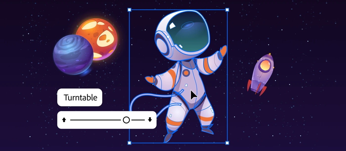 Adobe Turntable generating 74 editable angles from a vector illustration